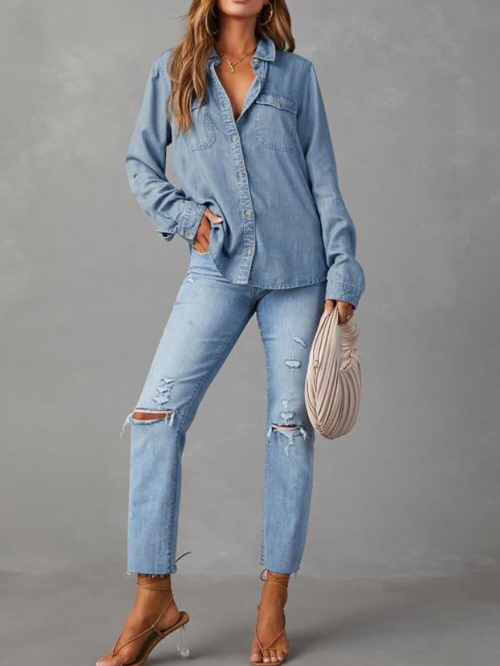EUC Women Denim Button Down Shirts Chambray Blouse Top Sz L - Picture 2 of 5